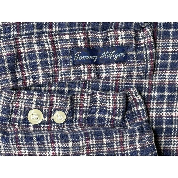 Tommy Hilfiger Men's Medium Blue Red White Long Sleeve Casual Linen Plaid Shirt - Picture 4 of 6